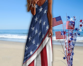 American Flag Summer Sundress, Patriotic Maxi, Independence Day Slip Dress, America's 250th Birthday Ankle Length Dress