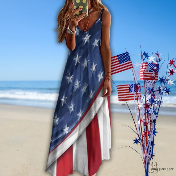 American Flag Summer Sundress, Patriotic Maxi, Independence Day Slip Dress, America's 250th Birthday Ankle Length Dress