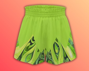 Tinker Bell Inspired Ladies Loose Fit Pull-On Shorts with Pockets, Pixie Character Costume Shorts, Abstract Green Pixie - Fairy Costume