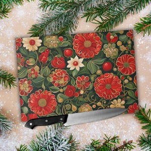 Christmas Flowers Tempered Glass Cutting Board Red Green Floral Charcuterie Board Holiday Gift Hostess Gift Kitchen Accessories