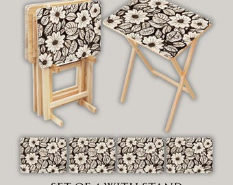 Modern Floral Wooden TV Trays with Storage Rack (Set of 4), Housewarming Gift, Wedding Gift, Foldable Meal or Snack Trays with Holder