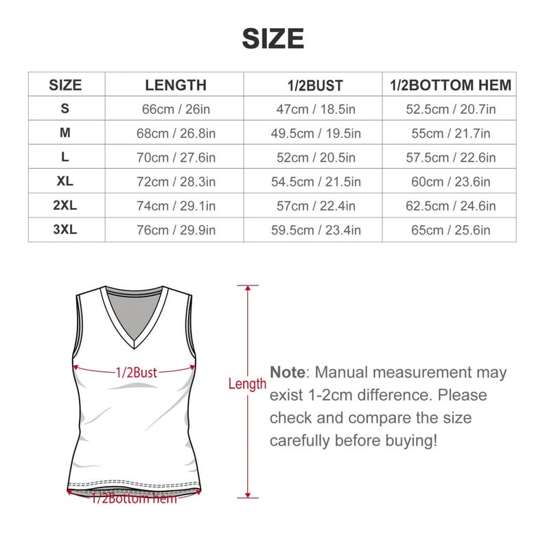 Puede incluir: Una camiseta sin mangas blanca con cuello en V se muestra con una tabla de tallas. La tabla muestra medidas en cm y pulgadas para largo, busto y dobladillo inferior, desde la talla S hasta la 3XL. El texto en la imagen dice "TALLA".