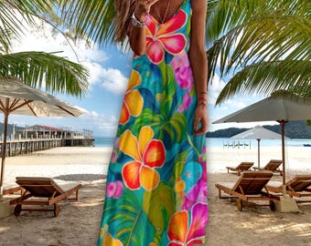 Bright Island Floral Maxi Dress Casual Summer Sling Dress Ankle Length Maxi Cruise Sundress Women's Summer Tropical Slip Dress
