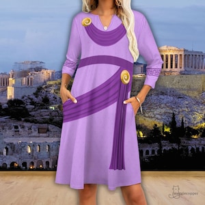 Megara Inspired Women&#39;s V-neck 3/4 Sleeve Dress with Pockets, Hercules Theme Relaxed Fit Modest Disney Trip Dress, Megara Halloween-Cosplay