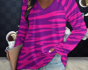 Cheshire Cat Inspired Women's Long Sleeve Loose Fit V-Neck T-Shirt, Cheshire Cat Character Costume Tee Alice in Wonderland Theme Shirt