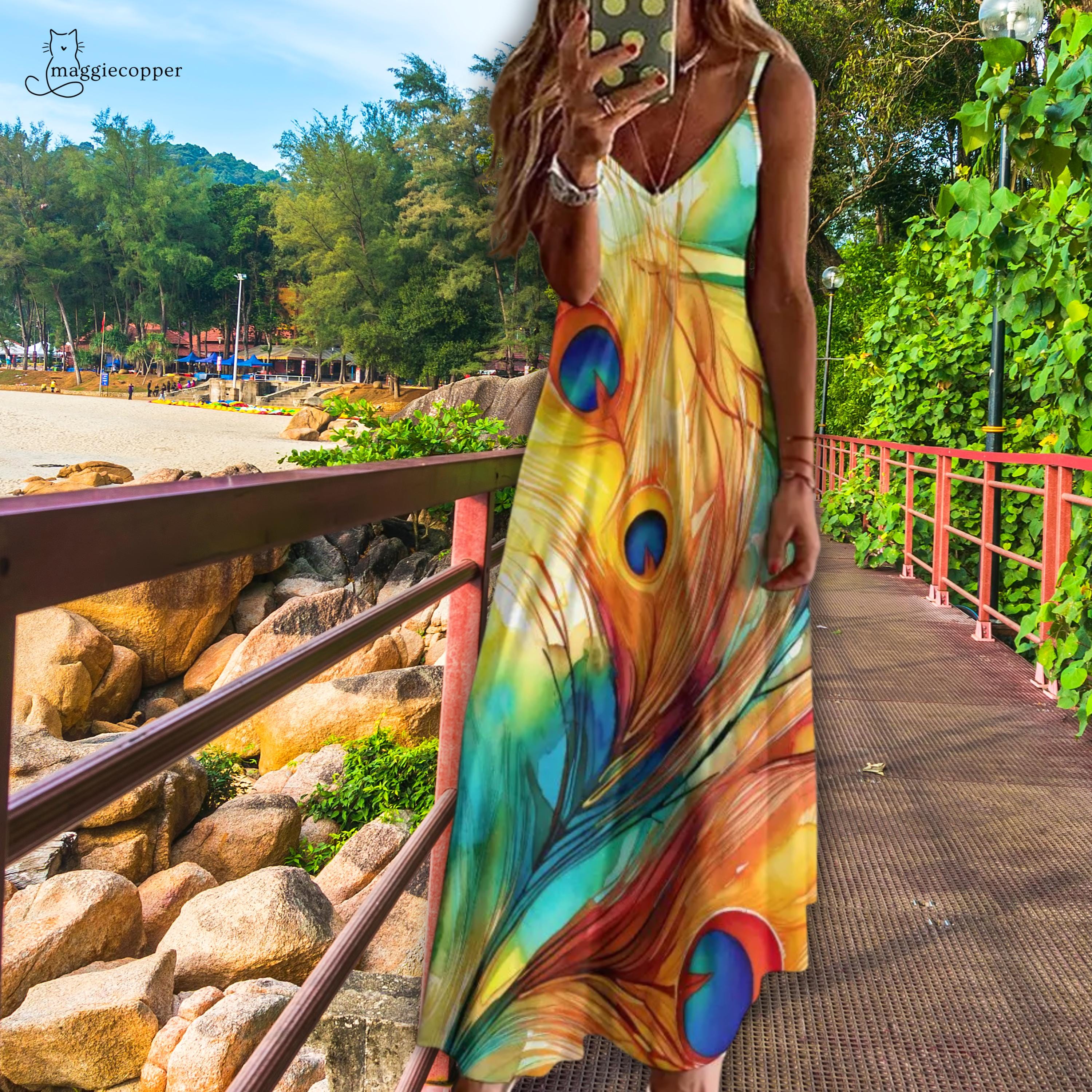 chinese dress ladies Peacock Ruched Maxi Dress With Lace-Up Back main image 0