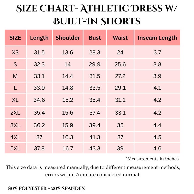 May include: Size chart for athletic dresses with built-in shorts. Measurements in inches are provided for sizes XS to 5XL, including length, shoulder, bust, waist, and inseam length. The fabric composition is 80% polyester and 20% spandex.