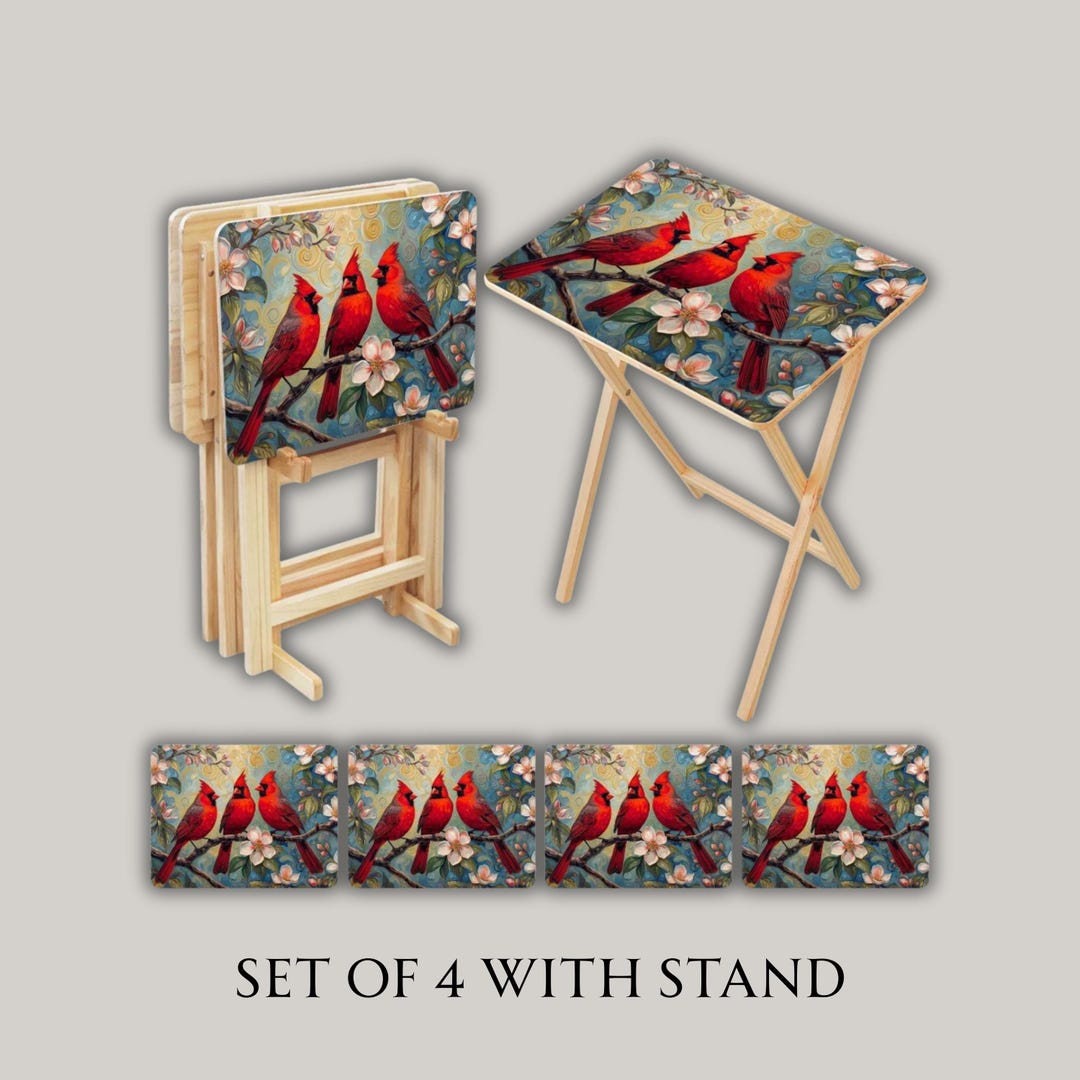 Cardinal Rack Cardinal Birds Art Wooden TV Trays With Storage Rack (set of 4 ...