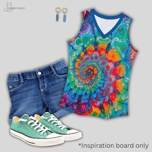 Camiseta sin mangas con cuello en V y estampado tie-dye, blusa sin mangas para mujer con estampado tie-dye. imagen 2