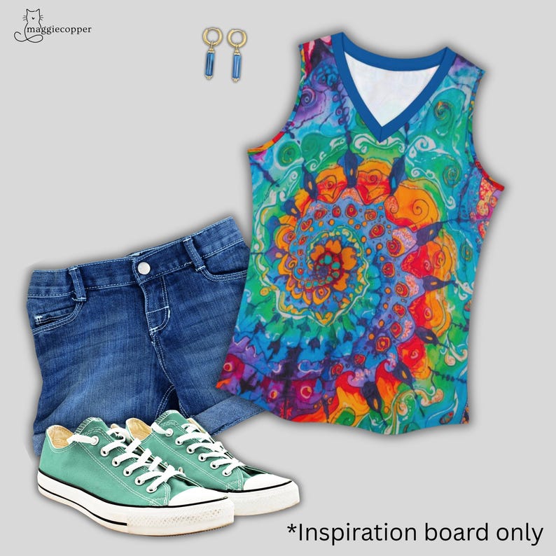 Camiseta sin mangas con cuello en V y estampado tie-dye, blusa sin mangas para mujer con estampado tie-dye. imagen 2