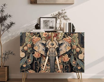Elephant Art Wooden 2-Door Storage Cabinet, Modern Buffet Sideboard, Entryway Storage Credenza, Home Bar Liquor Cabinet