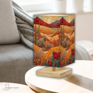 Southwest Desert Art Small Square Table Lamp, LED Smart Bulb with 16 Color Remote, Home Accent Lighting