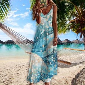 Boho Chic Abstract Blue Maxi Dress Summer Party Sling Dress Ankle Length Dress Beach Sundress Womens Summer Tropical Slip Dress Cruise Dress