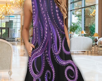 Abstract Octopus Women's Sleeveless A-Line Dress w/ Pockets,  Villain Character Costume Dress, Sea Witch Swim Coverup