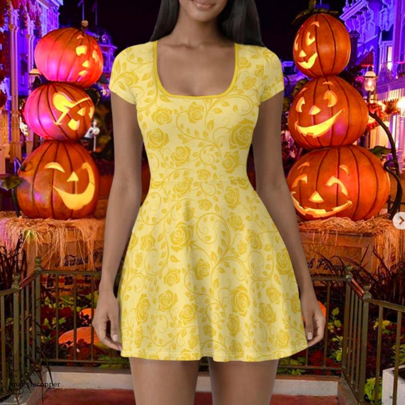 May include: A yellow dress with a rose pattern. The dress has a scoop neckline and short sleeves. The background features carved pumpkins and a Halloween theme.