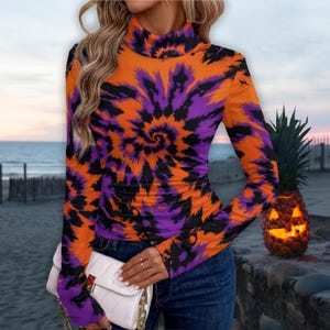 Halloween Tie Dye Print Turtleneck Top With Long Sleeves, Women's Printed Tie Dye Fashion Blouse
