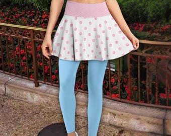 Little Bo Peep Inspired Women's 2-in-1 Skirted Leggings, Pink Polka Dot Skirted Running Tights
