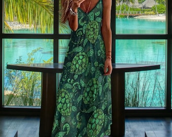 Turtle Art Maxi Dress | Long Green Beachy Sundress | Cruise Dress | Flowy Ankle Length Summer Coastal Slip Dress | Tropical Dress in Green