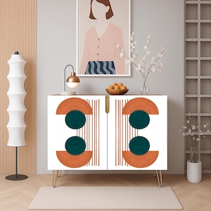 Modern Wooden Storage Accent Cabinet, Bold Geometric Sideboard, Entryway Storage Credenza, Small Buffet Cabinet, Home Bar Liquor Cabinet