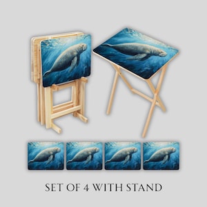 May include: Set of four wooden TV trays with a manatee design. The trays and the stand are made of light-colored wood. The manatee image is set against a blue underwater background. The text "SET OF 4 WITH STAND" is at the bottom.