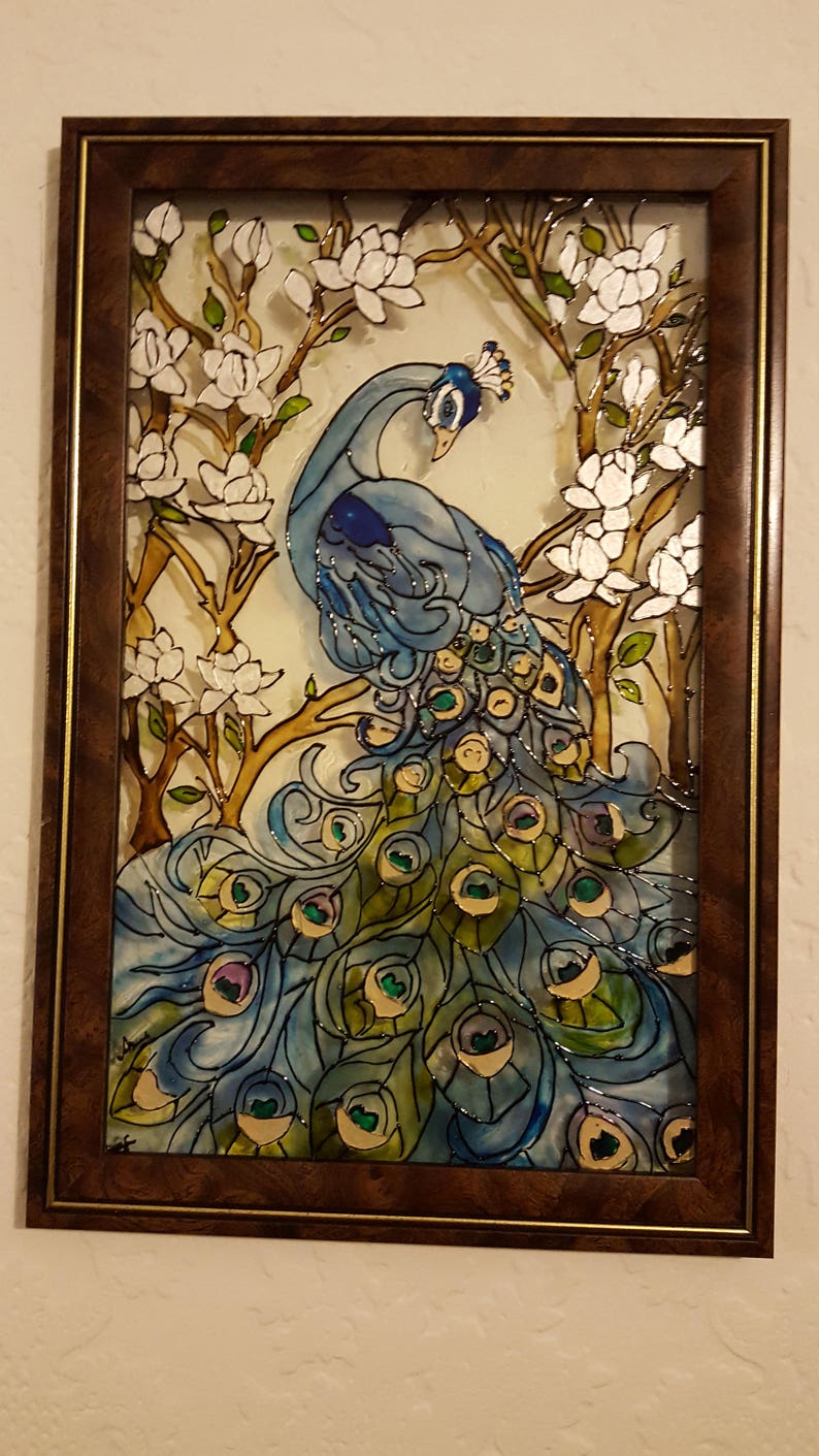 Peacock Glass Painting/glass Art/ Hanging Art/ Framed Art/ Etsy