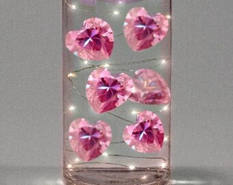 30 Floating Large Crystal Blush Light Pink Hearts-Fills 1 Gallon for Your Vases-With Option of 3 Submersible Fairy Lights Strings