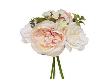 5 Spring Roses Bouquet - Ivory, Blush & Peach - Silk - Waterproof