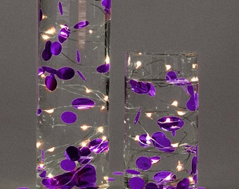 Floating Metallic Purple Confetti - 2000pc - Fills 1 Gallon For Your Vases-Option: 3 Submersible Fairy Lights Strings- Vase Decorations