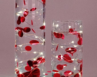 Floating Metallic Red Confetti - 2000pc - Fills 1 Gallon For Vases-Option: 3 Submersible Fairy Lights Strings- Vase Decorations