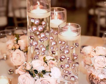 100 Floating Rose Gold Pearls with Gems- Large- Option 6 Submersible LED Fairy Lights Strings Hidable Submersible Batteries- Fills 2 Gallons