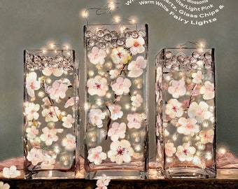 60 Floating Glowing Cherry Blossoms White/Off White/Light Pink With Pearls or Tumbled Glass-Fills 1 Gallon-Option 3 Submersible Fairy Lights