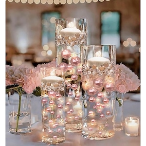 75 Blush Light Pink Floating Pearls-Large Sizes-Fills 1 Gallon of Floating Pearls for Your Vases-Option: 3 Submersible Fairy Lights Strings