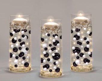 100 Floating Black Pearls & White Pearls-Shiny-Jumbos-Fills 2 Gallons of Floating Pearls for Vases-Option 6 Submersible Fairy Lights Strings