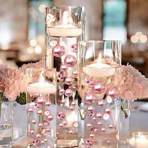 100 Floating Light Pink Pearls and Matching Gems- Large Sizes- Fills 2 Gallons for Your Vases- Option of 6 Submersible Fairy Lights Strings