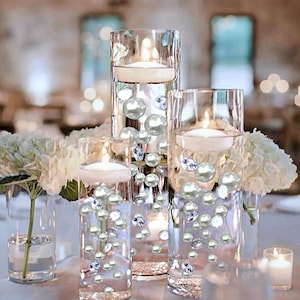 100 Floating White Pearls with Sparkling Gems- Fills 2 Gallons For Your Vases- With Option of 6 Submersible Fairy Lights Strings
