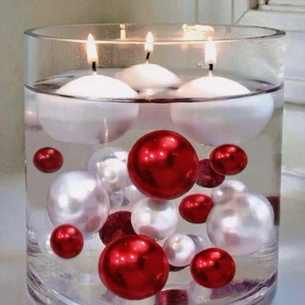 125 perlas rojas flotantes y perlas blancas, brillantes, sin agujeros, rellenos de 1 galón de perlas flotantes para jarrones, opción 6 cadenas de luces de hadas sumergibles