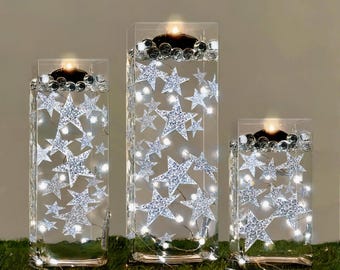 50 Silver Floating Stars- Sparkling Large Sizes- Option 3 Submersible LED Fairy Lights Strings Hidable Submersible Batteries- Fills 1 Gallon