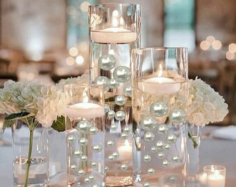 50 Floating White Pearls-Shiny-Jumbo Sizes-No Holes-Fills 1 Gallon of Floating Pearls for Vases-Option: 3 Submersible Fairy Lights Strings