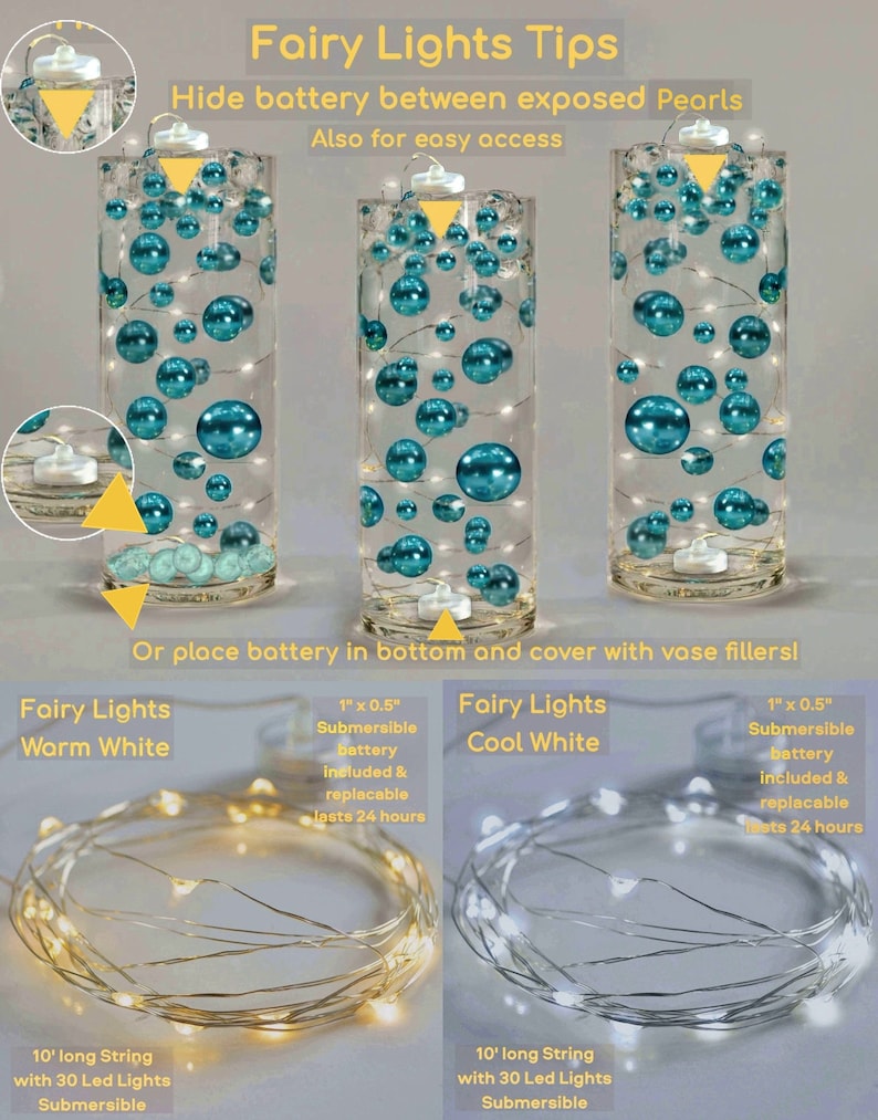 100 Floating White Pearls & Matching Sparkling Gems-Fills 2 Gallons for Vases-Option: 6 Submersible Fairy Lights Strings image 3