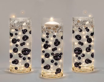 50 Floating Black Pearls-Shiny-Jumbo Sizes-Fills 1 Gallon of Floating Pearls For Vases-Option: 3 Submersible Fairy Lights Strings