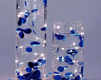 Floating Metallic Royal Blue/Navy Confetti - 2000pc - Fills 1 Gallon For Vases-Option: 3 Submersible Fairy Lights Strings - Vase Decorations