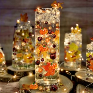 50 Floating Realistic Fall Leaves- Pumpkins- Mums- Pearls- Fills 1 Gallon for Your Vases- Option of 3 Fully Submersible Fairy Lights Strings