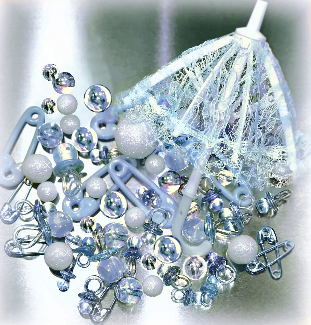 Blue Babybottle【クリスタルパワーストーン】 60 Floating Blue Baby Shower Pacifiers, Saftey Pins, Umbrellas