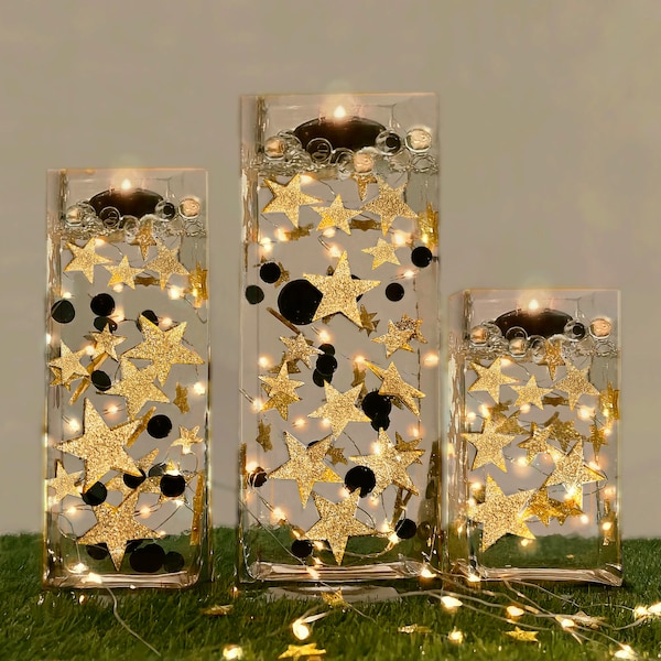 Floating Glowing Gold Stars-Jumbo Sizes-Fills 1 Gallon of Floating Stars For Vases-Option: 3 Submersible Fairy Lights Strings