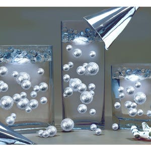 Floating Silver Glitter Pearls-Jumbo Sizes- Fills 1 Gallon of Floating Pearls For Your Vases-With Option: 3 Submersible Fairy Lights Strings