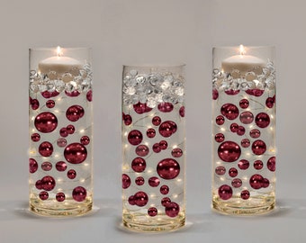 50 Floating Burgundy Shiny Pearls-Jumbo Sizes-Fills 1 Gallon For Your Vases-With Option: 3 Submersible Fairy Lights Strings-Vase Decorations