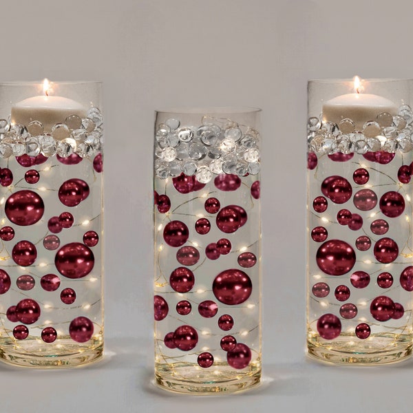 50 Floating Burgundy Shiny Pearls-Jumbo Sizes-Fills 1 Gallon For Your Vases-With Option: 3 Submersible Fairy Lights Strings-Vase Decorations
