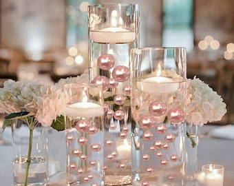 55 Floating Blush Light Pink Pearls-Shiny-Jumbo Sizes-Fills 1 Gallon of Floating Pearls for Vases-Option: 3 Submersible Fairy Lights Strings