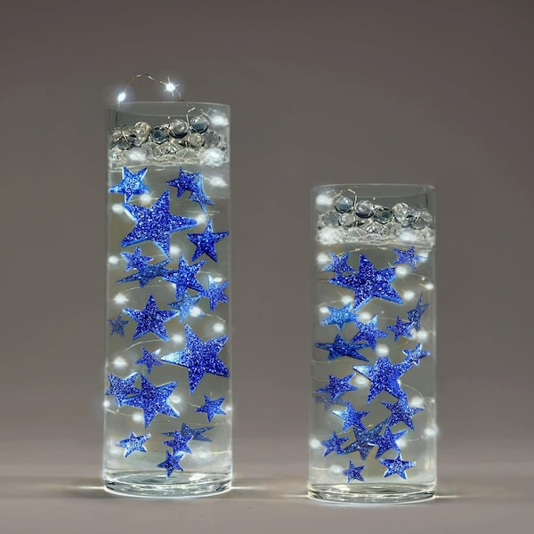 50 étoiles bleues scintillantes flottantes-Grand format-Remplissage de 1 gallon pour vos vases-Option : 3 guirlandes lumineuses submersibles-Décorations de vase