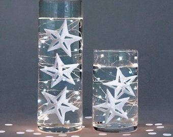 Schwebende weiße Sterne – Glitzer – 3D-glitzernde weiße Kugeln – füllt 1 Gallone für Vasen – Option: 3 tauchfähige Lichterketten – Vasendekorationen